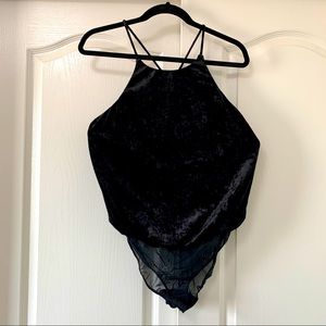 Saki Silver Black Velvet Velour Bodysuit with Mesh Bottom